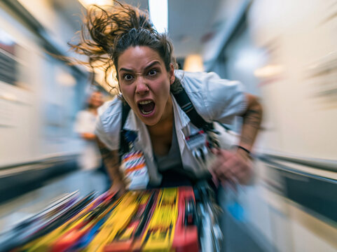 Stressed Female Doctor Rushing Gurney Through Hospital Corridor