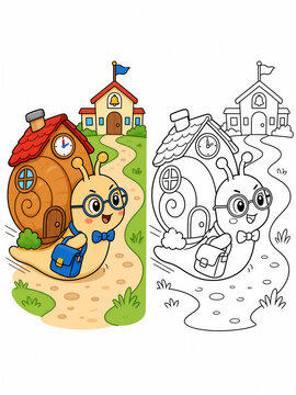 Cute cartoon snail student rushing to school with shell house and color sample guide, kids coloring page.