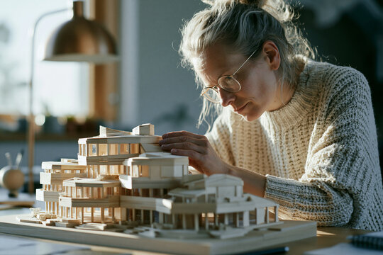 Female Architect Working on Wooden Architectural Model in Studio