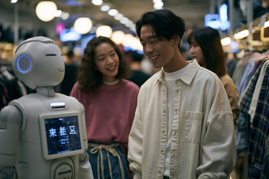 Young Asian Shoppers Interacting with Service Robot in Store