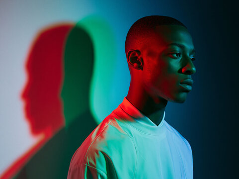 Young Black Man Profile Portrait with Colorful Neon Shadows
