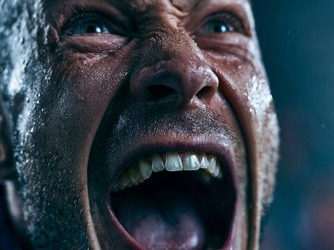 Intense Sweaty Man Screaming in Anger and Rage