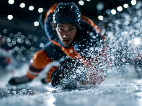 Professional Ice Hockey Player Sliding Fast on Rink