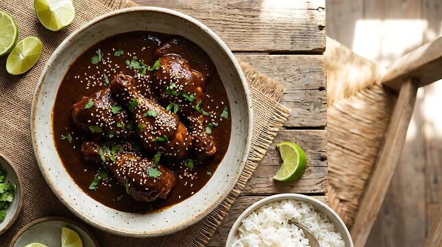 A delicious bowl of spicy dark chicken stew served with fresh lime wedges on a rustic wooden table. chicken mole recipe