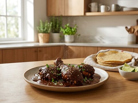 Delicious mexican mole poblano chicken served on a plate with warm corn tortillas in a home kitchen. chicken mole recipe