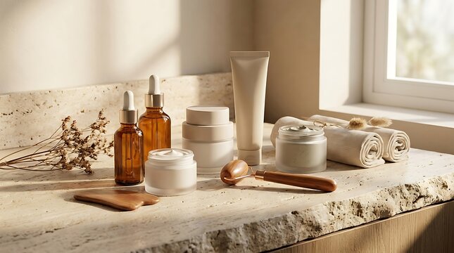 Natural organic skincare products with cream jars and serum bottles on a table in a sunny home room. 
 beauty bundle deals