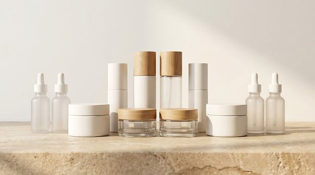 Set of cosmetic skincare bottles and jars with wooden caps on a stone surface with soft morning light. beauty bundle deals