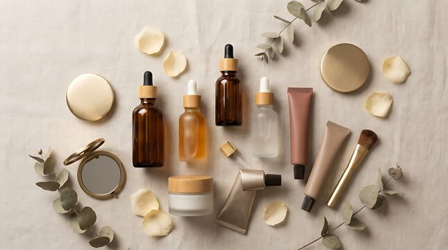Natural organic skincare beauty products in glass bottles and tubes arranged with green leaves top view. beauty bundle deals