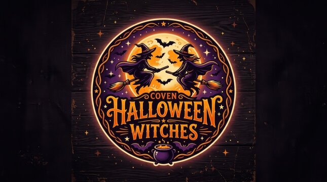 Spooky Halloween Witches Coven Badge With Full Moon And Flying Witches Design