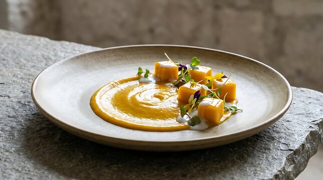 Delicious gourmet roasted pumpkin cubes served with a smooth creamy puree on a modern grey plate. Mango curry