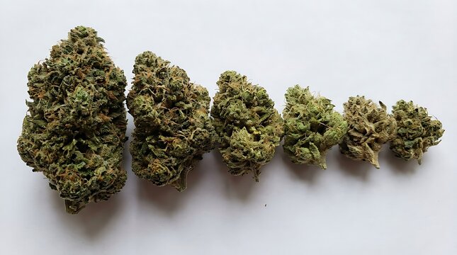 A horizontal arrangement of dried cannabis flower buds of varying sizes isolated on a clean white background.