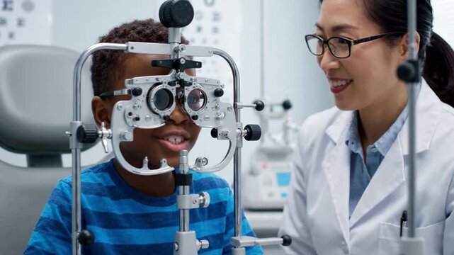 Young child undergoing an eye examination with a professional optometrist, showcasing the importance of vision care and regular check-ups for children.