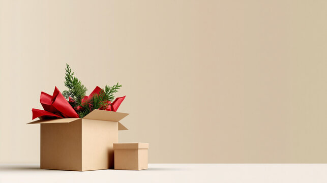Brown gift box with red ribbon and greenery overflowing, placed beside a smaller box on a light beige background, ideal for holiday-themed presentations and decorations