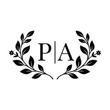 Elegant floral monogram logo with letters p and a surrounded by leaves and small flowers Vector