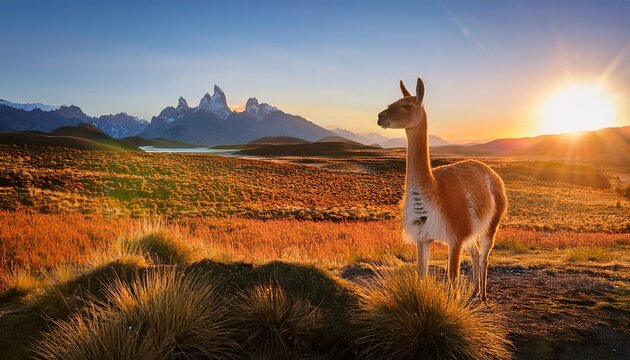 Guanaco Resting In Patagonia Landscape At Sunrise
