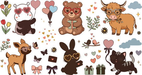 Naklejka premium Cute Valentine Animals Heart Glasses Scandinavian Premium Hand Drawn Vector Clipart Collection