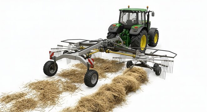 Agricultural Tractor with Rotary Hay Rake Gathering Cut Hay into a Windrow, Isolated 3D Illustration