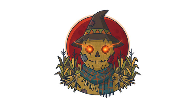 Spooky cartoon scarecrow with glowing orange eyes in a cornfield under a red moon for Halloween