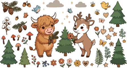 Naklejka premium Scandinavian Highland Cow And Reindeer Nursery Premium Hand Drawn Vector Illustration Set