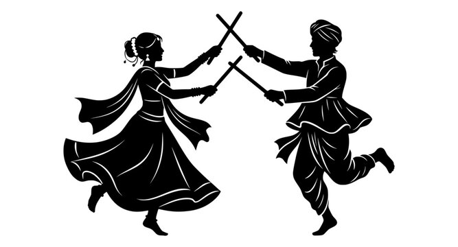 Garba dance silhouette of indian man and woman playing dandiya sticks