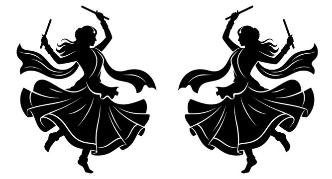Dandiya dance silhouette vector illustration of women playing garba