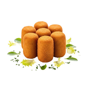 Group of crispy golden potato croquettes with fresh green herbs and lettuce garnish.