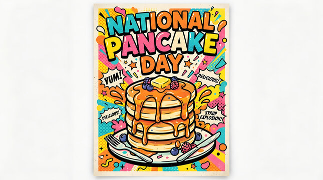 National pancake day comic style illustration with colorful lettering and food