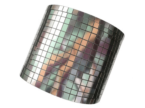 Uma esfera de discoteca cil&iacute;ndrica brilhante com pequenos espelhos quadrados refletindo luzes coloridas isolada em um fundo branco para design de festas e celebra&ccedil;&otilde;es.