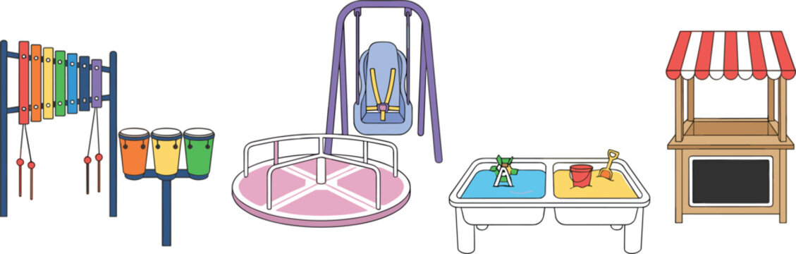 Sensory park playground structures flat vector illustration collection with rainbow chimes bongo drums inclusive swing wheelchair accessible merry go round and sensory table