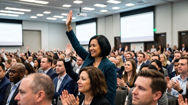 Businesswoman raising hand at corporate conference, audience participant asking question during seminar, business professional at conference event