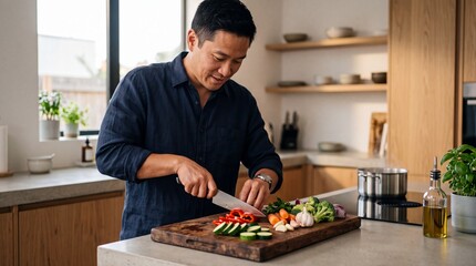 Fototapeta premium Man preparing fresh vegetable meal in modern kitchen, slicing cucumber, tomato, and carrot on wooden cutting board, surrounded by natural light and healthy ingredients, feeling content
