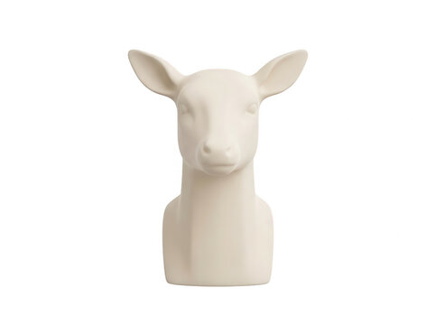 Uma escultura decorativa minimalista em forma de cabe&ccedil;a de cervo ou veado feita de cer&acirc;mica branca fosca, isolada em um fundo branco puro para design de interiores.