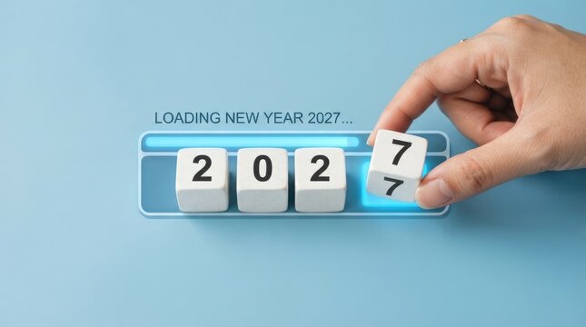 Hand placing a cube with the number 7 to complete the year 2027 on a loading bar, symbolizing the transition into the new year 2027