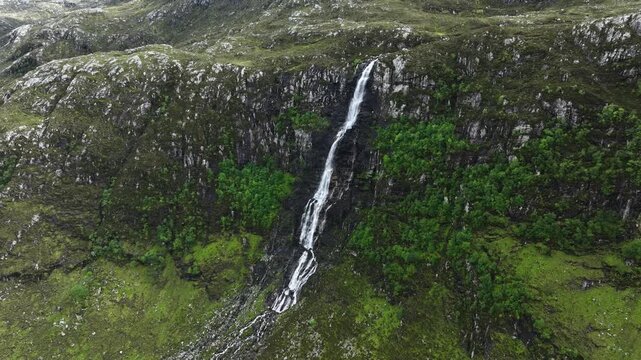 Aerial view of Eas a' Chual Aluinn, highest waterfall of the United Kingdom, in northern Scotland