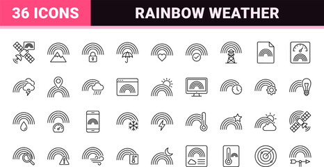 Naklejka premium Rainbow Weather Wonder Web Icon Set in Linear Style. Collection of meteorology line icons, including forecast, atmosphere, optics, observation, climate, report.