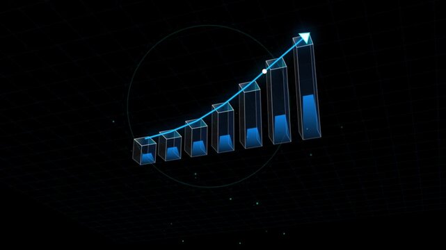 Digital 3 d bar chart growing upward with glowing trend line for financial growth and business success analysis