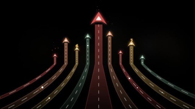Business growth concept: multiple colorful roads merging into one upward arrow for success, strategy, and corporate development