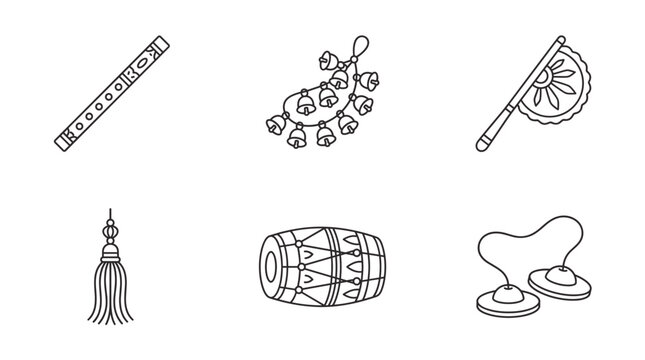 Indian musical instruments and cultural items line art icons