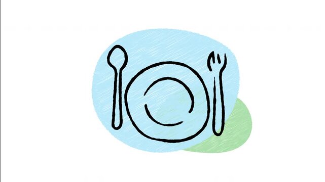 An animated hand-drawn empty dinner plate set with a fork and knife. Perfect for restaurant menus, dining table etiquette, food reviews, and mealtime.