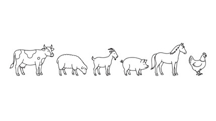 Hand-drawn farm animals collection, minimalist line art livestock set, black and white cow horse pig sheep goat chicken vector illustrations © Rehana