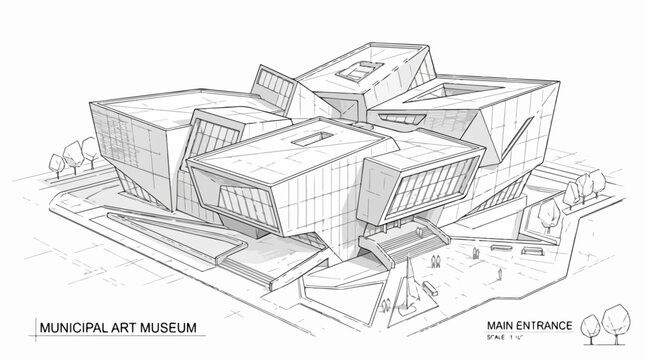 Conceptual Sketch of a Modern Municipal Art Museum with Angular Facade