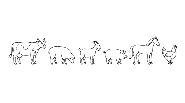 Hand-drawn farm animals collection, minimalist line art livestock set, black and white cow horse pig sheep goat chicken vector illustrations