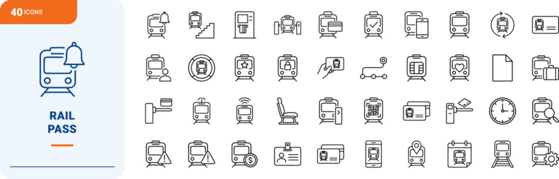 Train Rail Season Pass Web Icon Set in Linear Style. Collection of Rail Commute line icons, including ticketing, transit pass, commuter travel, fare gate, route zone, subscription.
