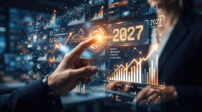 Interacting with a complex dashboard displaying 2027 business growth analytics, innovation strategies, and global data trends 2027