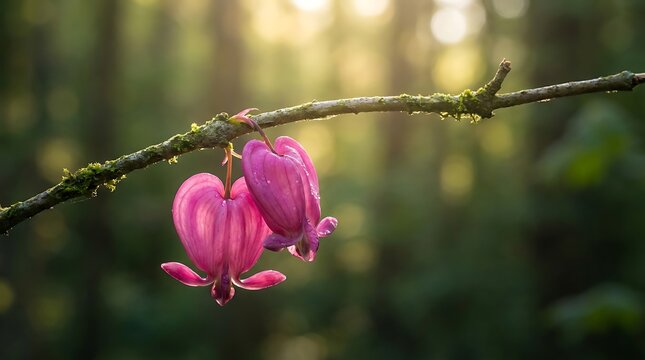 Close up of vibrant pink bleeding heart flowers hanging from a mossy branch against a soft, sunlit forest background.