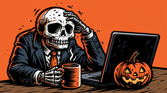 Whimsical illustration of a friendly skeleton character wearing a business suit and tie, sitting at a desk with a coffee mug and a small jack-o'-lantern beside a laptop, bright cle