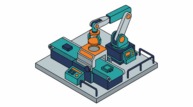 Industrial robotic arm assembling parts on factory line.