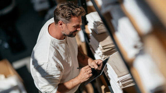 Hotel supply manager counts folded linen stacks on a storeroom shelving unit in a top-down environmental wide shot bathed in morning window light, pausing beside the shelf while no