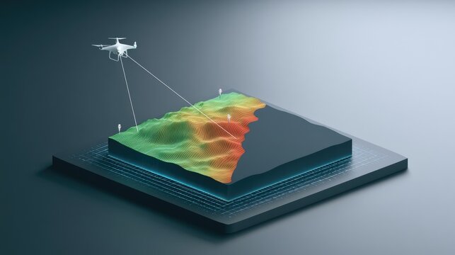 Drone surveying a 3D topographic map with elevation data visualization.