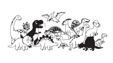Hand-drawn dinosaur collection, cute prehistoric animal characters in black and white line art, doodle style jurassic creatures vector set © Rehana